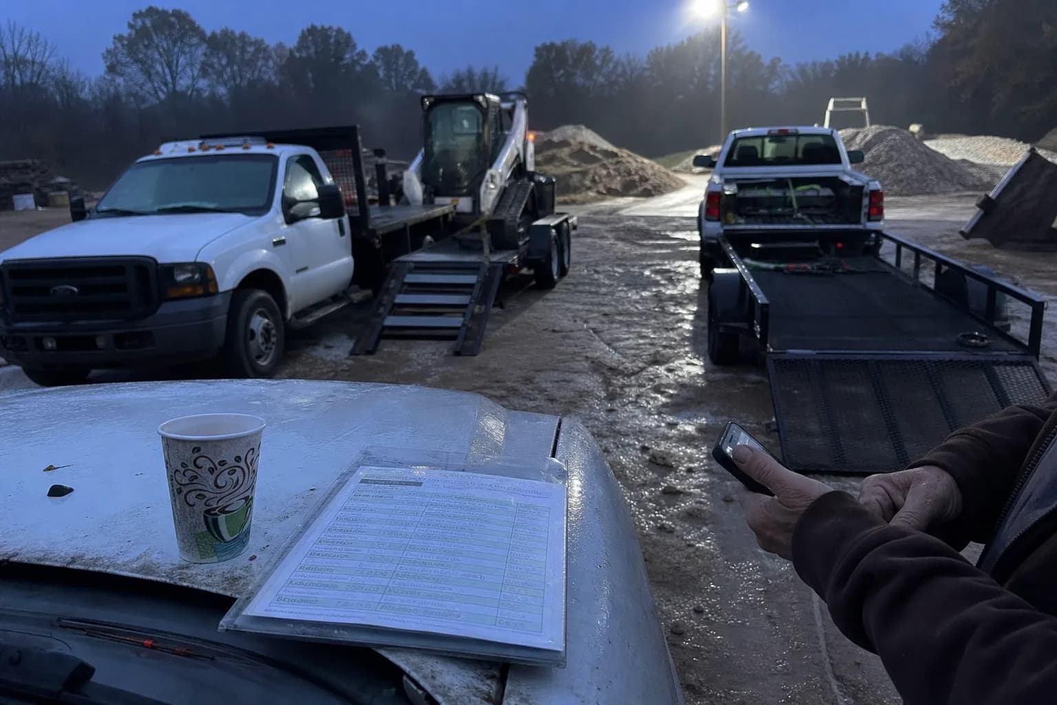 Work trucks, a morning route sheet and a phone in a landscape yard