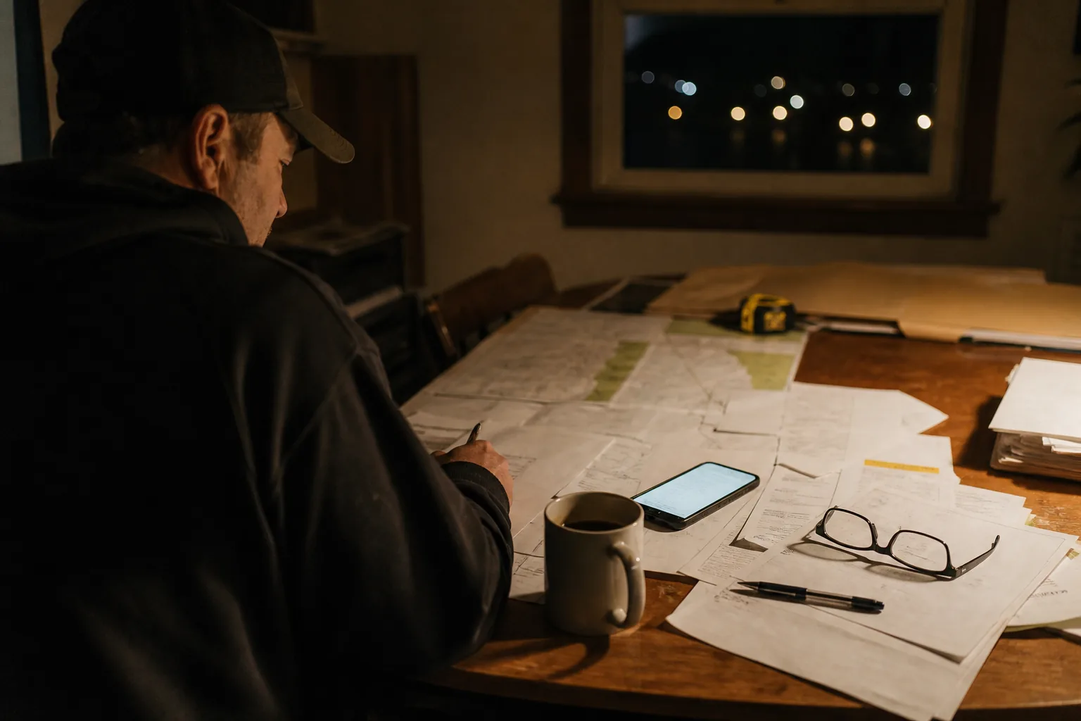 A landscape professional reviewing plans and messages after dark