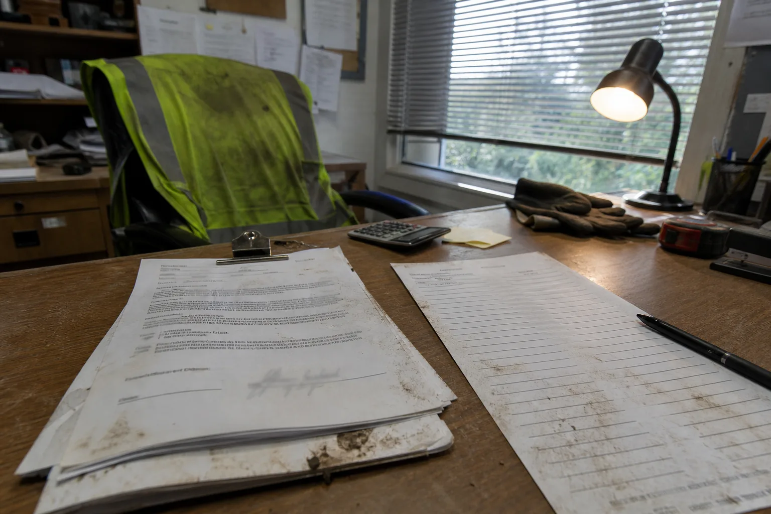A signed work contract, planning sheet and safety vest on an operations desk