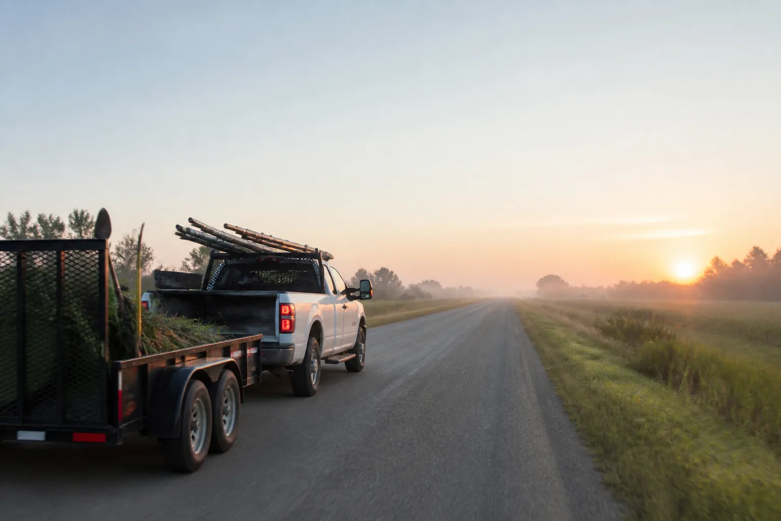 A work truck and equipment trailer heading toward the next job at sunrise